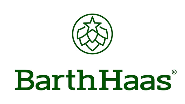 The alternative text for this image could be:

"A logo for BarthHaas featuring a green banner with lettering. Above this is a hop cone design with a circle and a star attached. Register symbol present."