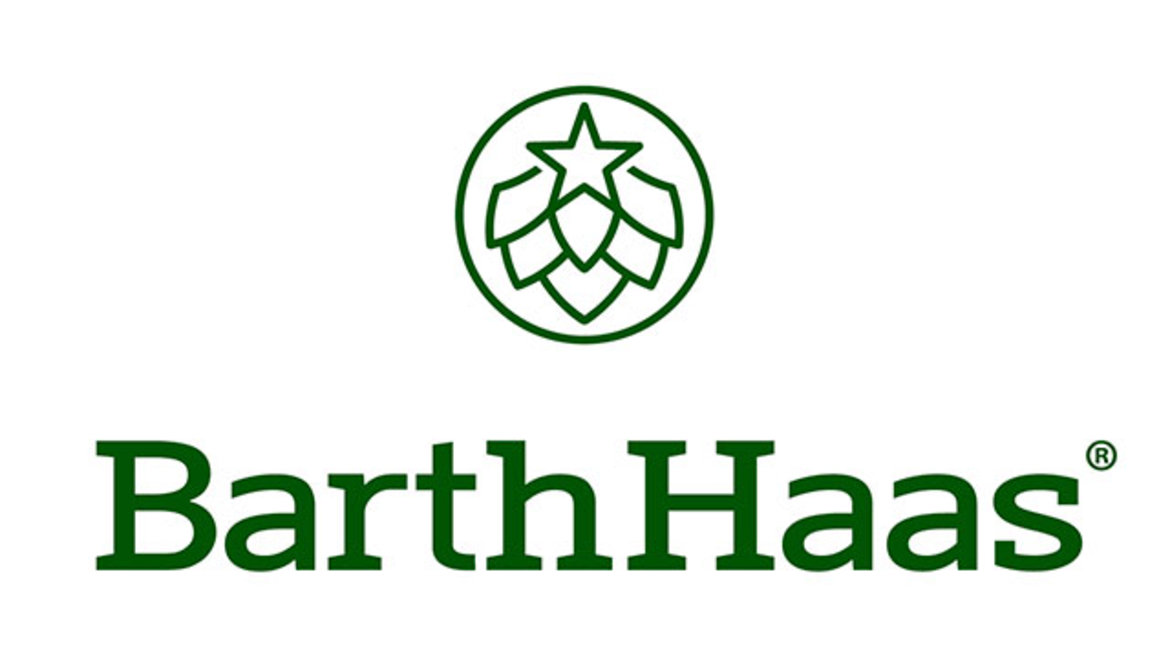The alternative text for this image could be:

"A logo for BarthHaas featuring a green banner with lettering. Above this is a hop cone design with a circle and a star attached. Register symbol present."
